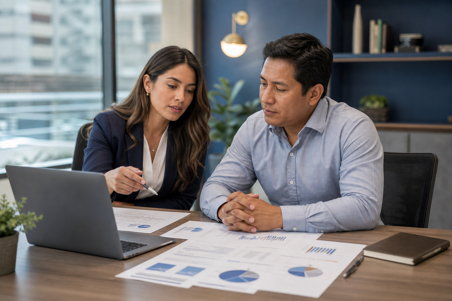 Asesora financiera revisando indicadores y proyecciones con un empresario
