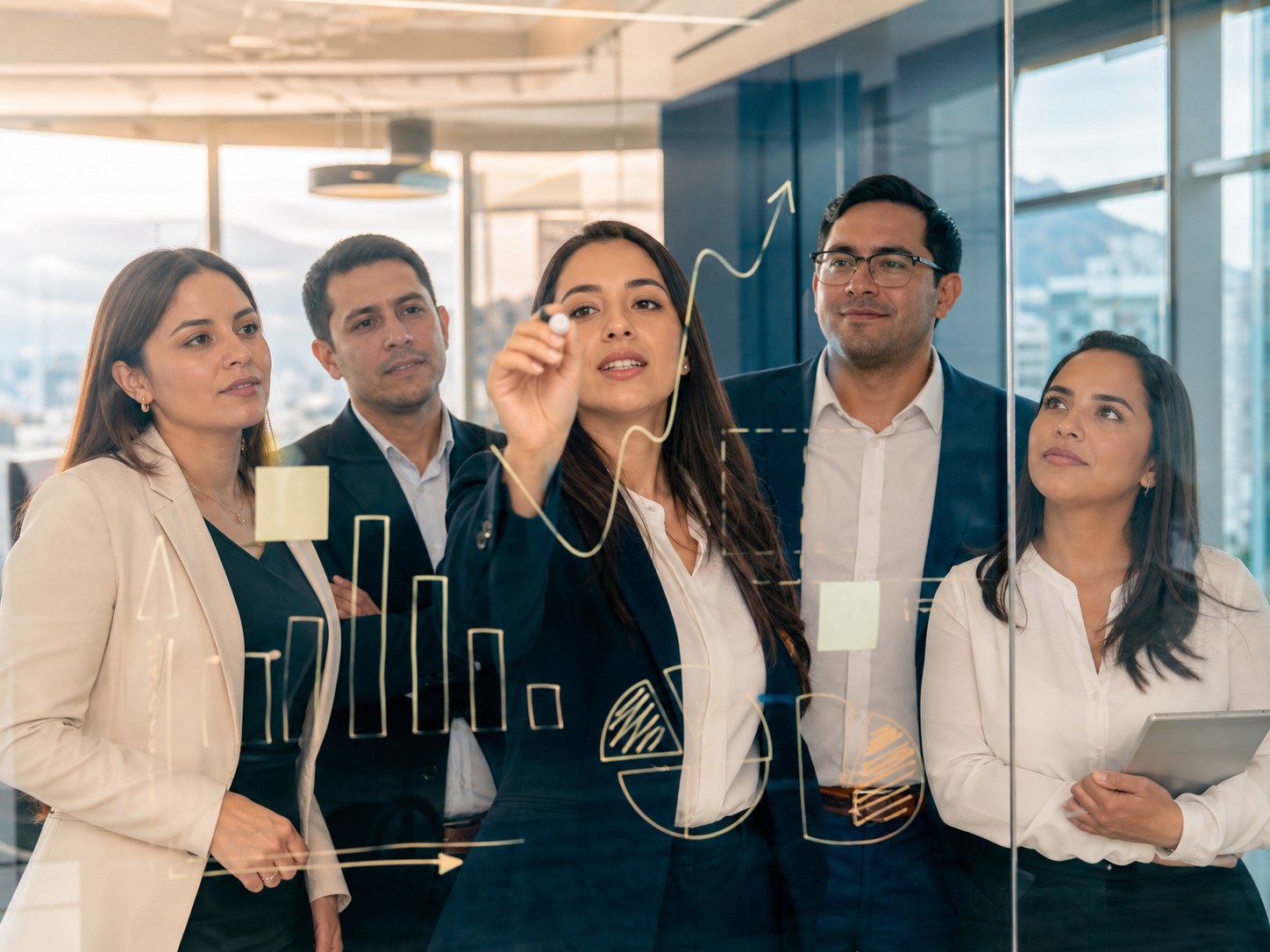 Equipo profesional planificando el crecimiento y la innovación empresarial